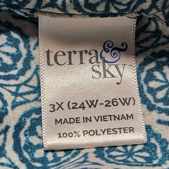 Terra & Sky Blue Printed Blouse Womens Plus Size 3X Button Up Tie Waist Top - Picture 4 of 4